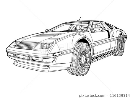 Abstract retro sports car in black and white ink drawing style, adult coloring book 116139514