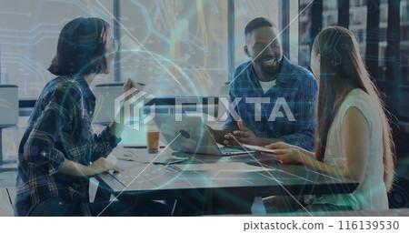 Image of server room and padlock over diverse business people discussing work in office Image of server room and padlock over diverse business people discussing work in office 116139530