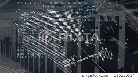 Image of world map and coding data processing over computer server room Image of world map and coding data processing over computer server room 116139534