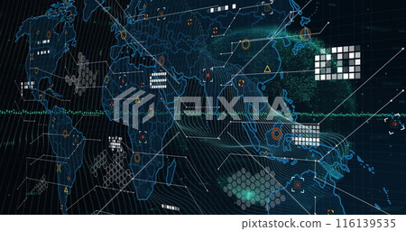 Image of data processing with world map and globe on black background Image of data processing with world map and globe on black background 116139535