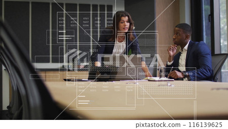 Image of data processing over diverse male and female business colleague in meeting Image of data processing over diverse male and female business colleague in meeting 116139625