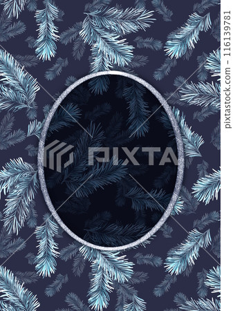 Hand drawn Christmas holiday greeting card or covers with fir tree branches. Blue and silver colors. 116139781