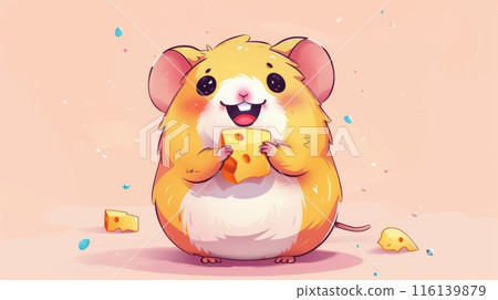 Cartoon hamster with cheerful expression, holding piece of cheese. Minimalist peach background 116139879