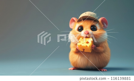 Cartoon hamster with cheerful expression, wearing tiny hat and holding a piece of cheese. Copy space 116139881
