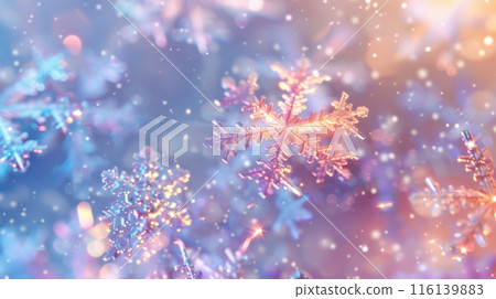 Pastel rainbow colored iridescent snowflakes emitting soft metallic light. Winter Christmas setting 116139883