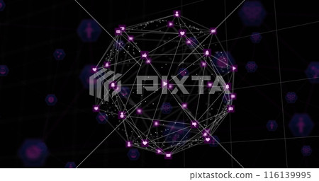 Image of connected dots forming globes and connected icons over black background Image of connected dots forming globes and connected icons over black background 116139995