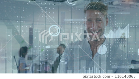 Image of financial data processing over caucasian businessman in office 116140063