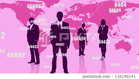 Image of numbers changing over people silhouettes and world map Image of numbers changing over people silhouettes and world map 116140141