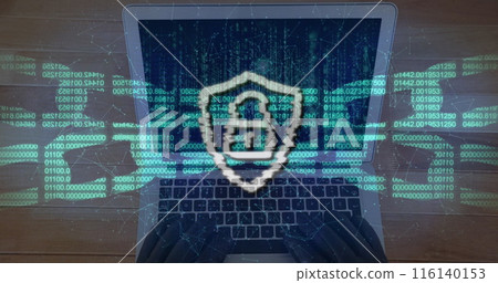 Image of digital interface data processing with online security over laptop computer screen 116140153
