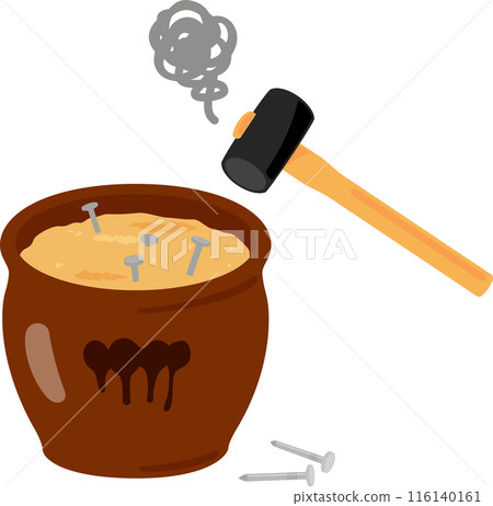 釘子和鐵鎚卡在麩床上，釘子釘在麩皮上 116140161