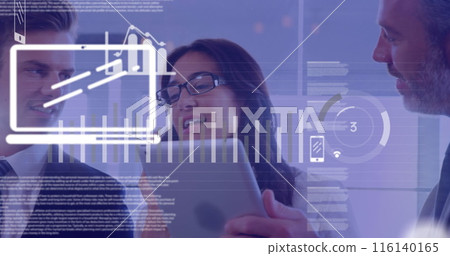 Image of data processing and digital icons over group of people using digital tablet and smartphone Image of data processing and digital icons over group of people using digital tablet and smartphone 116140165