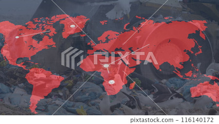 Image of world map over bulldozer in waste disposal site Image of world map over bulldozer in waste disposal site 116140172