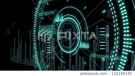 Image of scope scannig and data processing with dna strand on black background Image of scope scannig and data processing with dna strand on black background 116140185