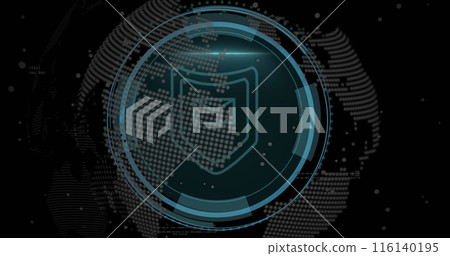 Image of data processing with cyber security text over globe on black background 116140195