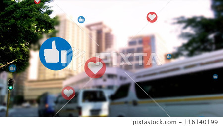 Image of social media icons and data processing over cityscape 116140199