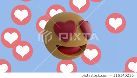 Image of multiple heart eyes face emoji against heart icons floating on blue background Image of multiple heart eyes face emoji against heart icons floating on blue background 116140236