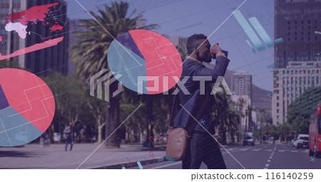 Image of digital interface with charts and information and man drinking coffee walking in street Image of digital interface with charts and information and man drinking coffee walking in street 116140259