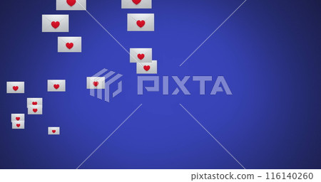 Image of multiple social media envelopes with heart icons floating on purple background Image of multiple social media envelopes with heart icons floating on purple background 116140260
