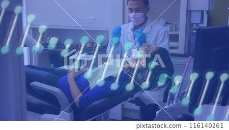 Image of DNA strand spinning over male dentist in face mask treating female patient in dentist chair Image of DNA strand spinning over male dentist in face mask treating female patient in dentist chair 116140261