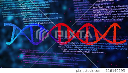 Image of data processing over dna strand on black background 116140295