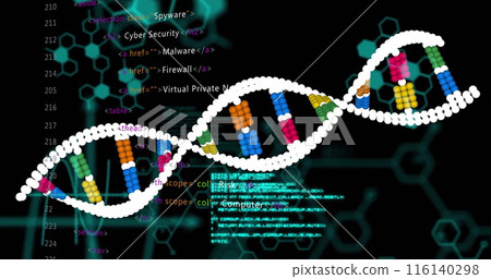 Image of data processing over dna strand on black background 116140298