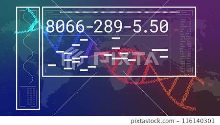 Image of dna strand, data processing on black background 116140301
