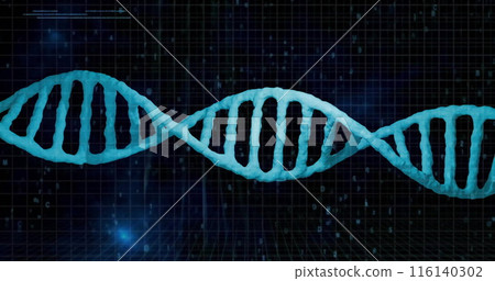 Image of data processing over dna strand on black background Image of data processing over dna strand on black background 116140302