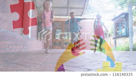 Image of puzzles falling over ribbon formed with puzzles and school children running in school 116140335