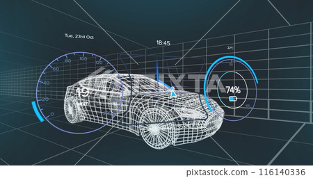 Image of changing number and icons in 3d model of car against black background 116140336
