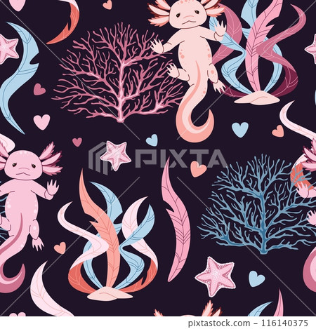 Seamless pattern with cartoon doodle axolotl. Background with cute sea creature in flat style. Suitable for decoration, design, stickers Seamless pattern with cartoon doodle axolotl. Background with cute sea creature in flat style. Suitable for decoration, design, stickers 116140375