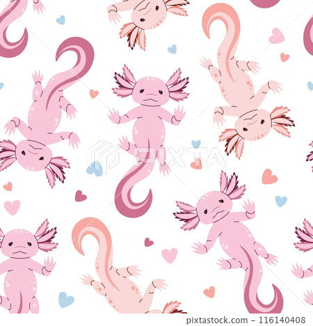 Seamless pattern with cartoon doodle axolotl. Background with cute sea creature in flat style. Suitable for decoration, design, stickers Seamless pattern with cartoon doodle axolotl. Background with cute sea creature in flat style. Suitable for decoration, design, stickers 116140408