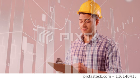 Image of graphs and statistics rolling over Caucasian male worker writing on file of papers Image of graphs and statistics rolling over Caucasian male worker writing on file of papers 116140413