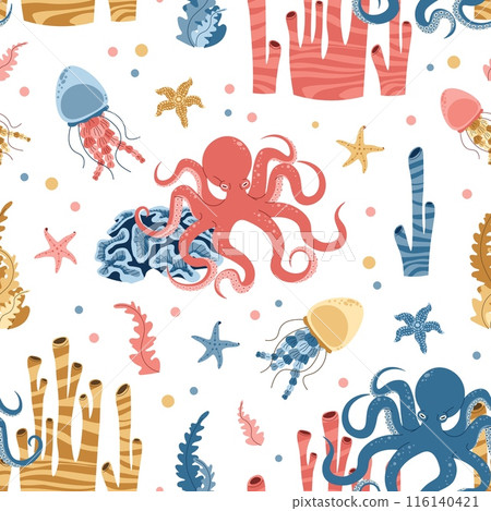 Seamless pattern with cartoon doodle octopus. Background with sea creature in flat style. Suitable for decoration, design, stickers 116140421