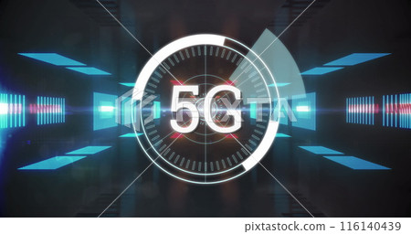 Image of digital interface with 5G network of connections and scope in glowing tunnel 116140439