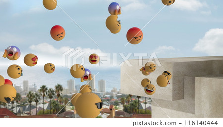 Digital image of multiple face emojis floating against cityscape in background Digital image of multiple face emojis floating against cityscape in background 116140444