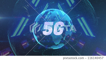 Image of digital interface with globe of network of connections in blue glowing tunnel Image of digital interface with globe of network of connections in blue glowing tunnel 116140457