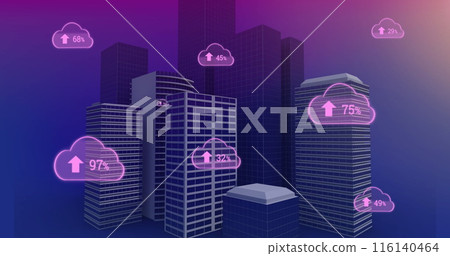 Image of multiple pink clouds with percent growing over cityscape 116140464