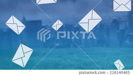Image of multiple email envelope icons over cityscape 116140465