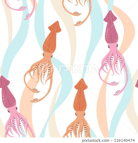 Seamless pattern with cartoon doodle squid. Background with sea life in flat style. Suitable for decoration, design, stickers Seamless pattern with cartoon doodle squid. Background with sea life in flat style. Suitable for decoration, design, stickers 116140474