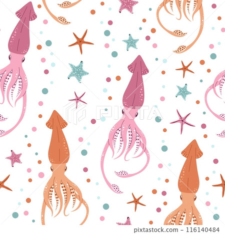 Seamless pattern with cartoon doodle squid. Background with sea life in flat style. Suitable for decoration, design, stickers Seamless pattern with cartoon doodle squid. Background with sea life in flat style. Suitable for decoration, design, stickers 116140484
