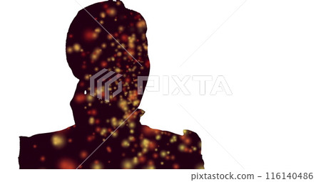 Image of dots in shadow of man talking on wireless headphone over white background Image of dots in shadow of man talking on wireless headphone over white background 116140486