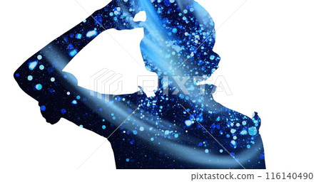 Image of dots and circles in silhouette of woman looking with hand on forehead looking far away 116140490