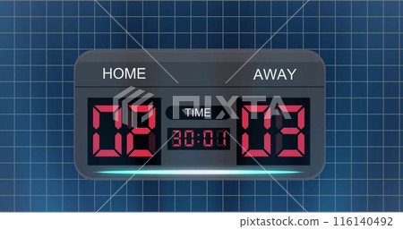 Image of home, away text with changing numbers in alarm clock over grid pattern Image of home, away text with changing numbers in alarm clock over grid pattern 116140492