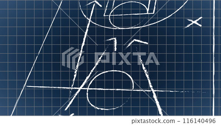 Image of arrow and x with circles on sports court on grid pattern against black background 116140496