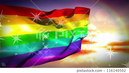 Image of stars and rainbow flag against cloudy sky 116140502