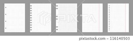 Set of notebook sheets isolated on gray background. Realistic white blanks of checkered paper. Different vertical pages from diary. Vector template Set of notebook sheets isolated on gray background. Realistic white blanks of checkered paper. Different vertical pages from diary. Vector template 116140503