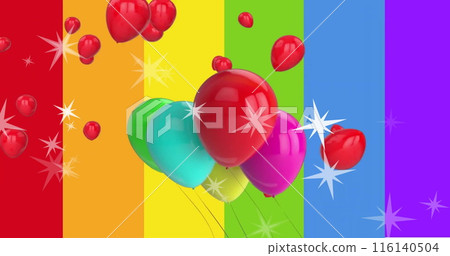 Image of stars and balloons flying over rainbow stripes background 116140504