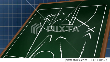 Image of white colored arrows and symbols on sports court over grid pattern on black background 116140524