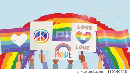 Image of illustrative hands holding banner with lgbtqi symbols over rainbow 116140528