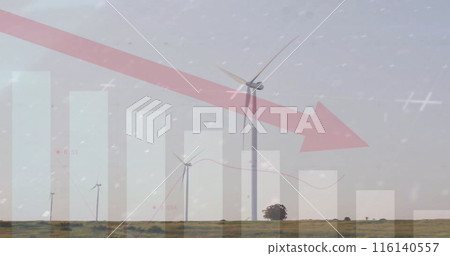 Image of red arrow and financial data processing over wind turbines field in countryside 116140557